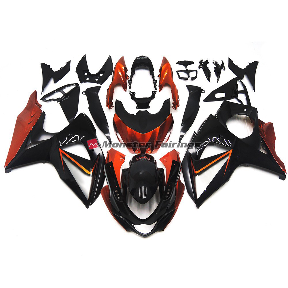 Suzuki GSXR 1000 2009 - 2016 Custom Orange and Black with Silver Inlay ABS fairings - custom motorcycle bodywork kit by Monster Fairings