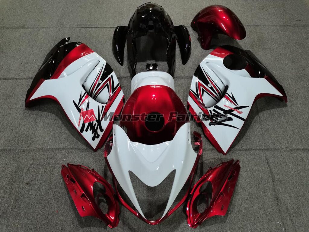 Gloss White with Deep Red Custom ABS fairings for Suzuki GSXR 1300 2008 - 2020 - premium OEM fit kit by Monster Fairings