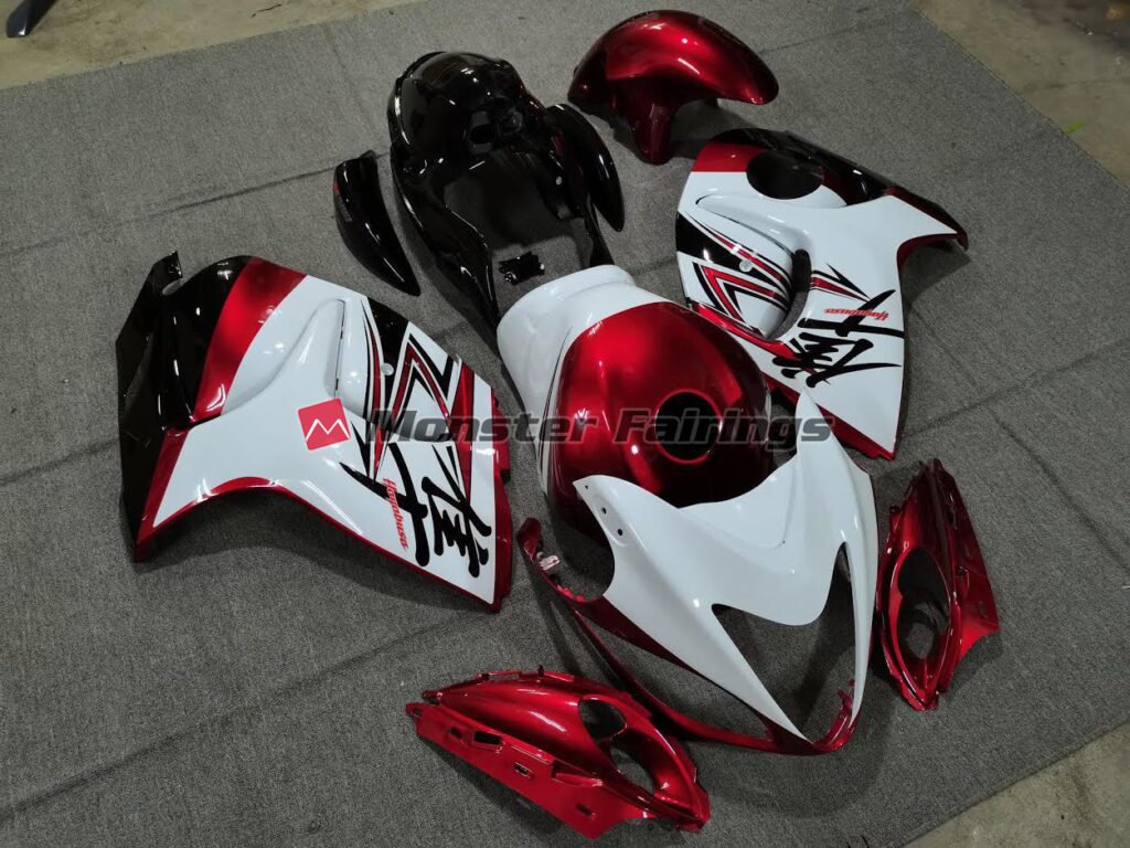 Suzuki GSXR 1300 custom ABS fairings 2008 - 2020 in Gloss White with Deep Red Custom - durable replacement kit, Monster Fairings