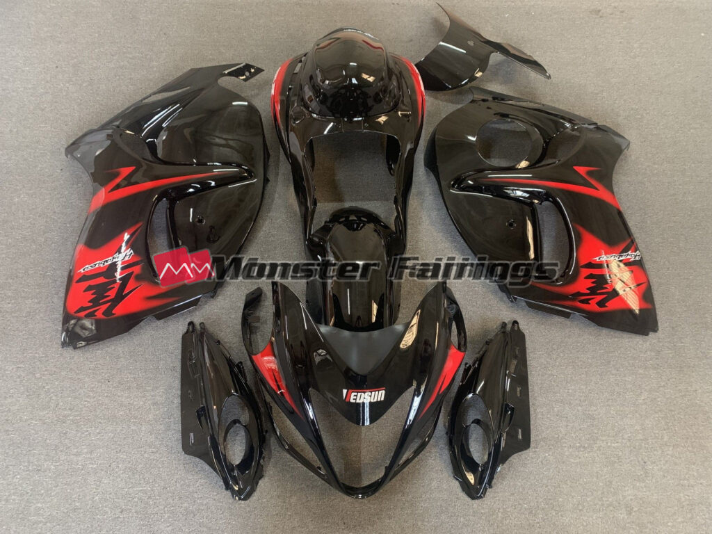 Suzuki GSXR 1300 2008 - 2020 Gloss Black with Red Logos ABS fairings - custom motorcycle bodywork kit by Monster Fairings