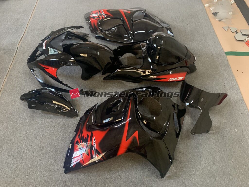Suzuki GSXR 1300 custom ABS fairings 2008 - 2020 in Gloss Black with Red Logos - durable replacement kit, Monster Fairings