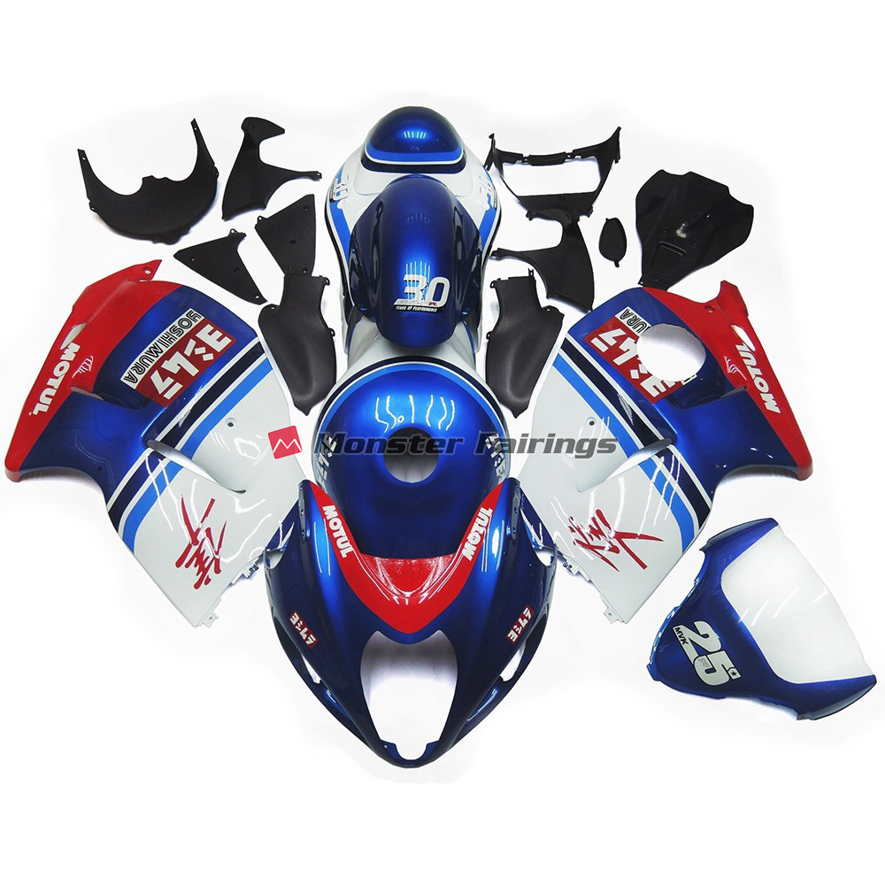 Suzuki GSXR 1300 1997 - 2007 Blue and White Custom Logo with Red ABS fairings - custom motorcycle bodywork kit by Monster Fairings