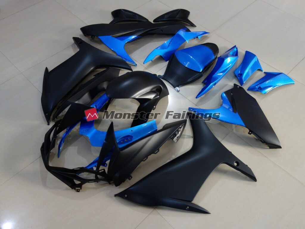 Suzuki GSXR 600 - 750 custom ABS fairings 2011 - 2025 in Matte Black with Bright Blue - durable replacement kit, Monster Fairings
