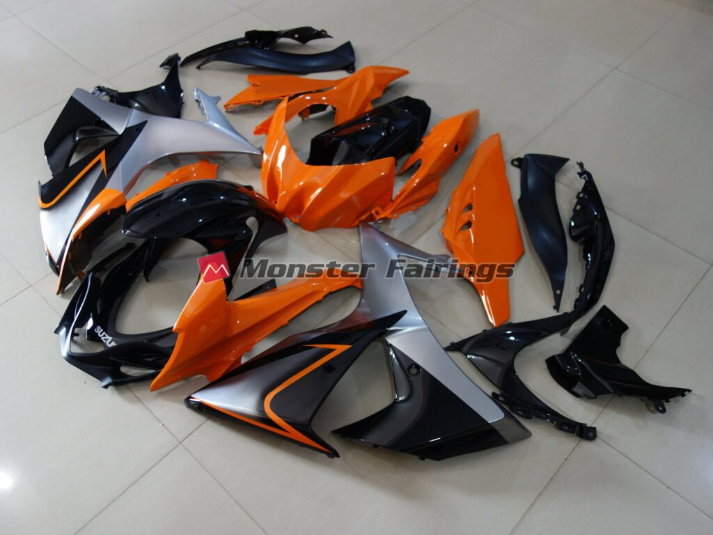 Suzuki GSXR custom ABS fairings 2009 - 2016 in Gloss Orange and Black - durable replacement kit, Monster Fairings