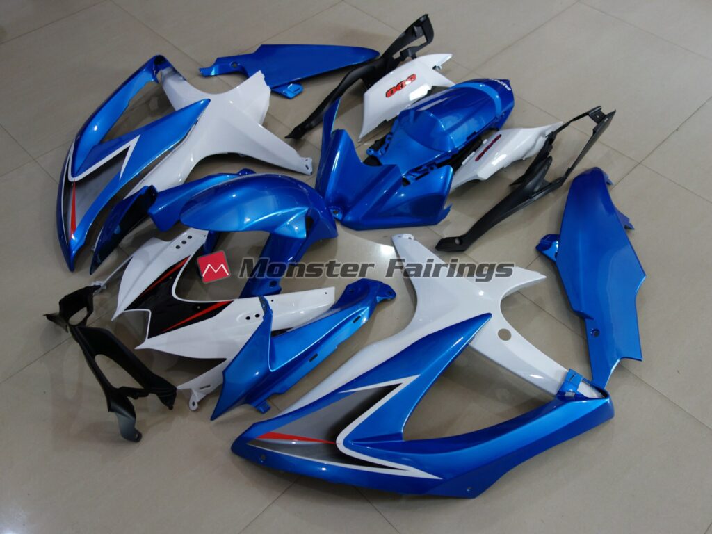 Suzuki GSXR custom ABS fairings 2008 - 2010 in Metallic Blue and White - durable replacement kit, Monster Fairings