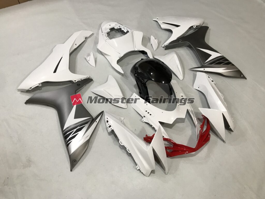 Suzuki GSXR 600 - 750 2011 - 2025 Gloss White and Matte Silver ABS fairings - custom motorcycle bodywork kit by Monster Fairings