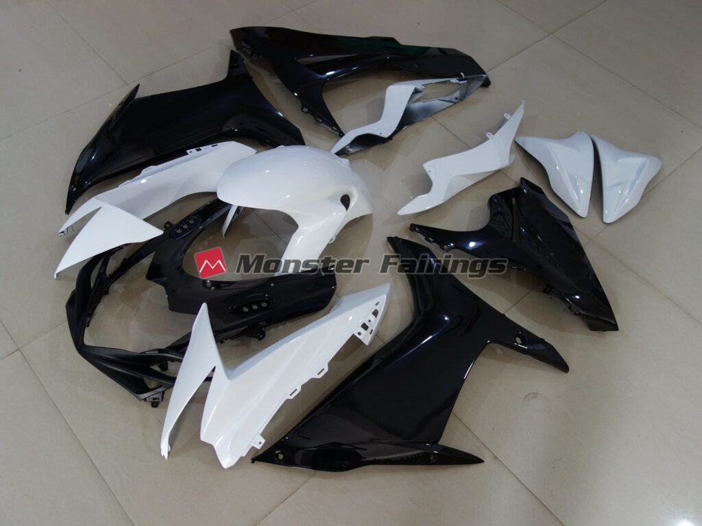 Suzuki GSXR 600 - 750 custom ABS fairings 2011 - 2025 Gloss White and Black - durable replacement kit, Monster Fairings