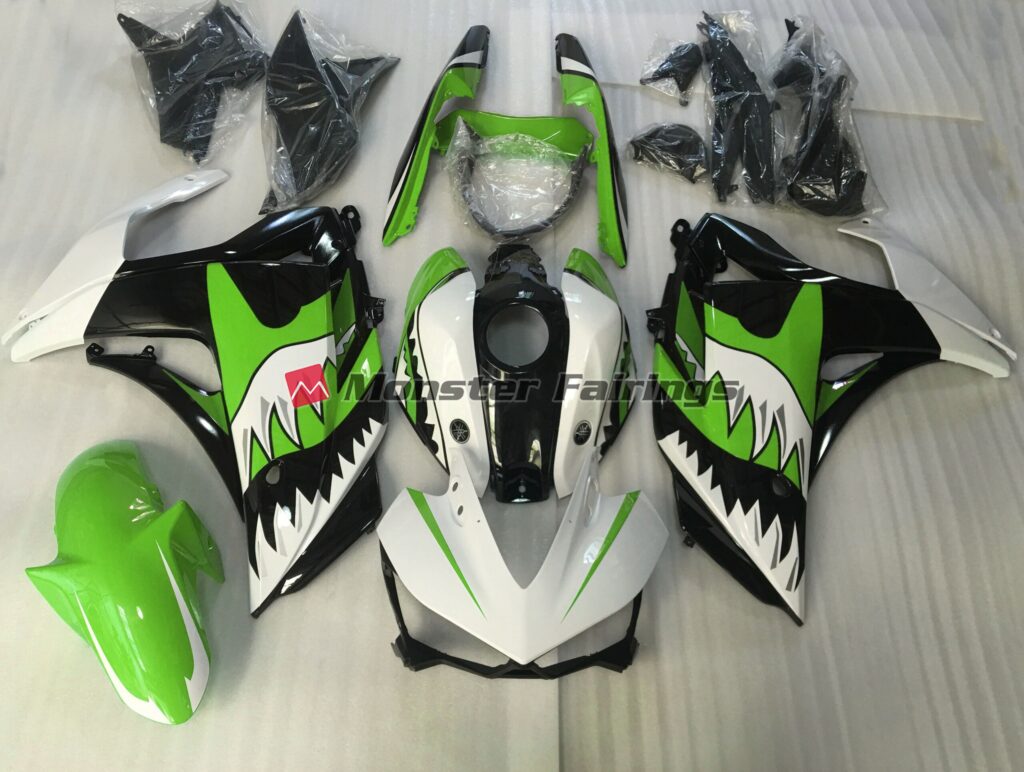 Yamaha R3 2014 - 2018 Lime Green White Shark ABS fairings - custom motorcycle bodywork kit by Monster Fairings