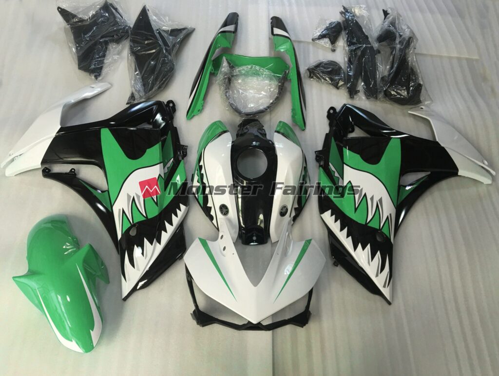 Yamaha R3 2014 - 2018 Green White Shark ABS fairings - custom motorcycle bodywork kit by Monster Fairings