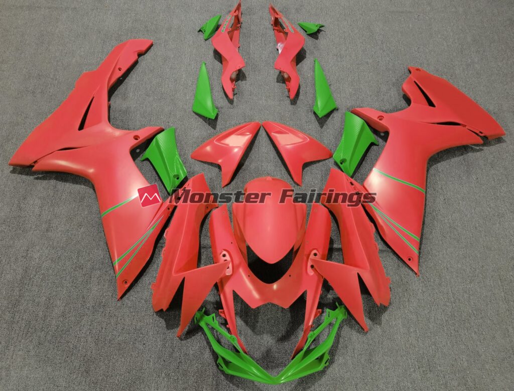 Suzuki GSXR 600 - 750 2011 - 2025 Matte Grapefruit Red with Green ABS fairings - custom motorcycle bodywork kit by Monster Fairings