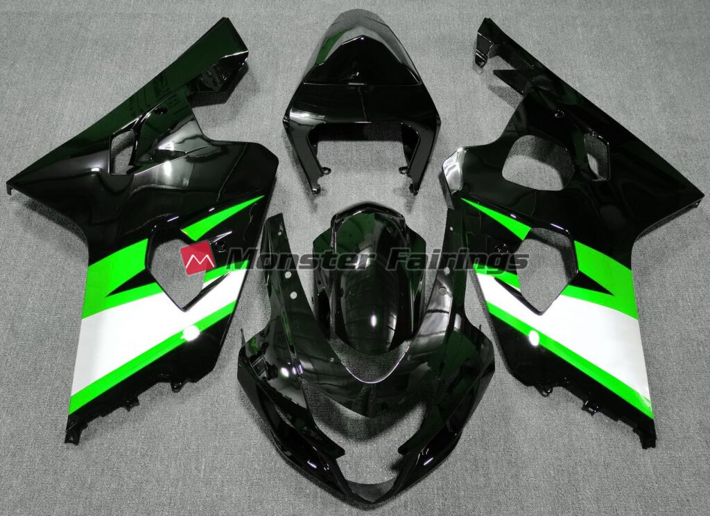 Suzuki GSXR 600 - 750 2004 - 2005 Gloss Black w/ Green ABS fairings - custom motorcycle bodywork kit by Monster Fairings