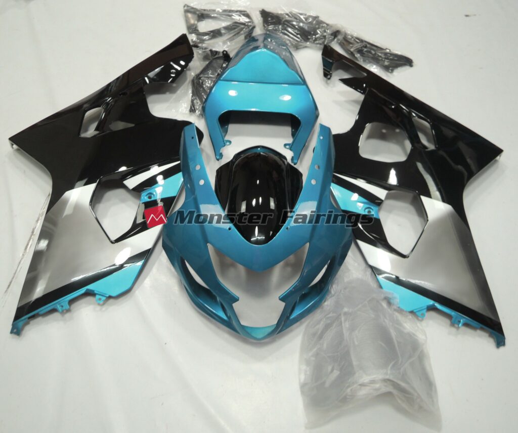 Suzuki GSXR 600 - 750 2004 - 2005 Light Blue, Silver, and Black ABS fairings - custom motorcycle bodywork kit by Monster Fairings