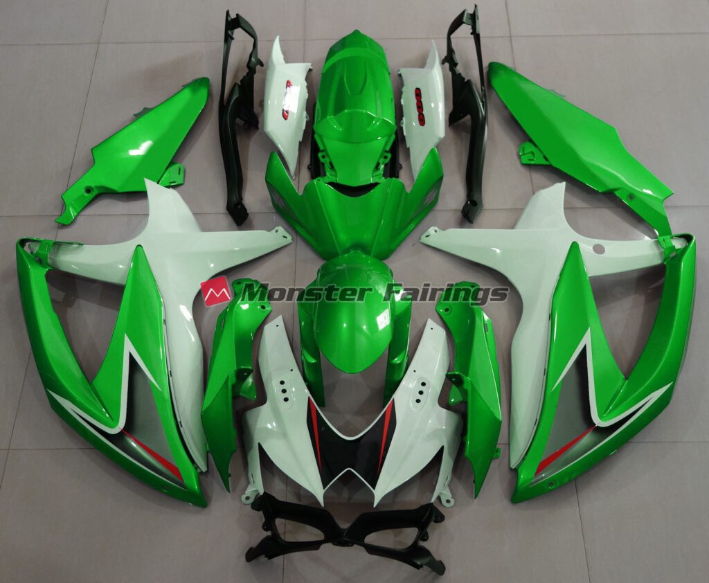 Suzuki GSXR 600 - 750 2008 - 2010 Gloss Green with White ABS fairings - custom motorcycle bodywork kit by Monster Fairings