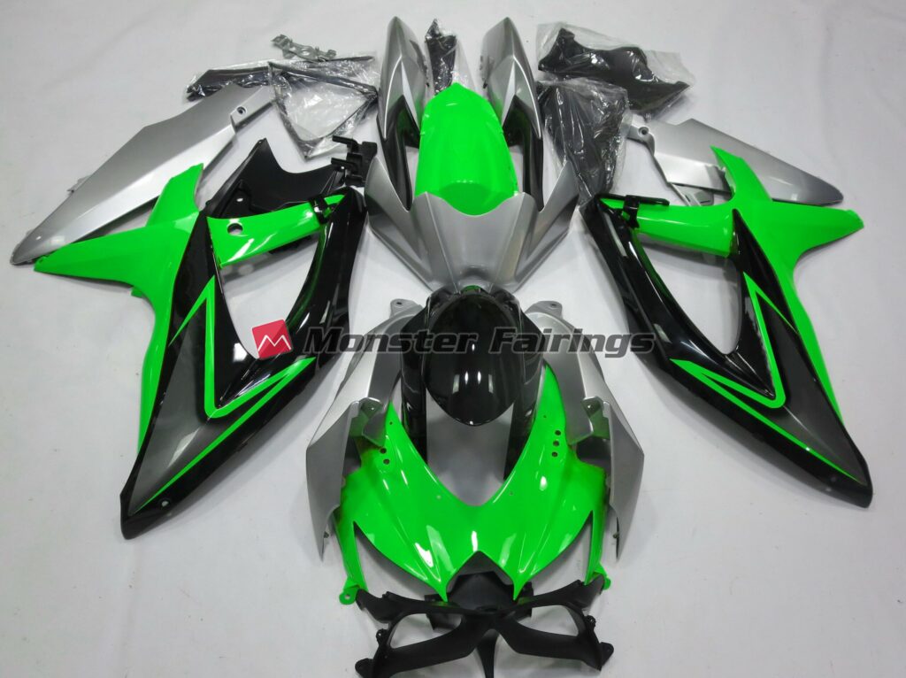 Suzuki GSXR 600 - 750 2008 - 2010 Green and Silver ABS fairings - custom motorcycle bodywork kit by Monster Fairings