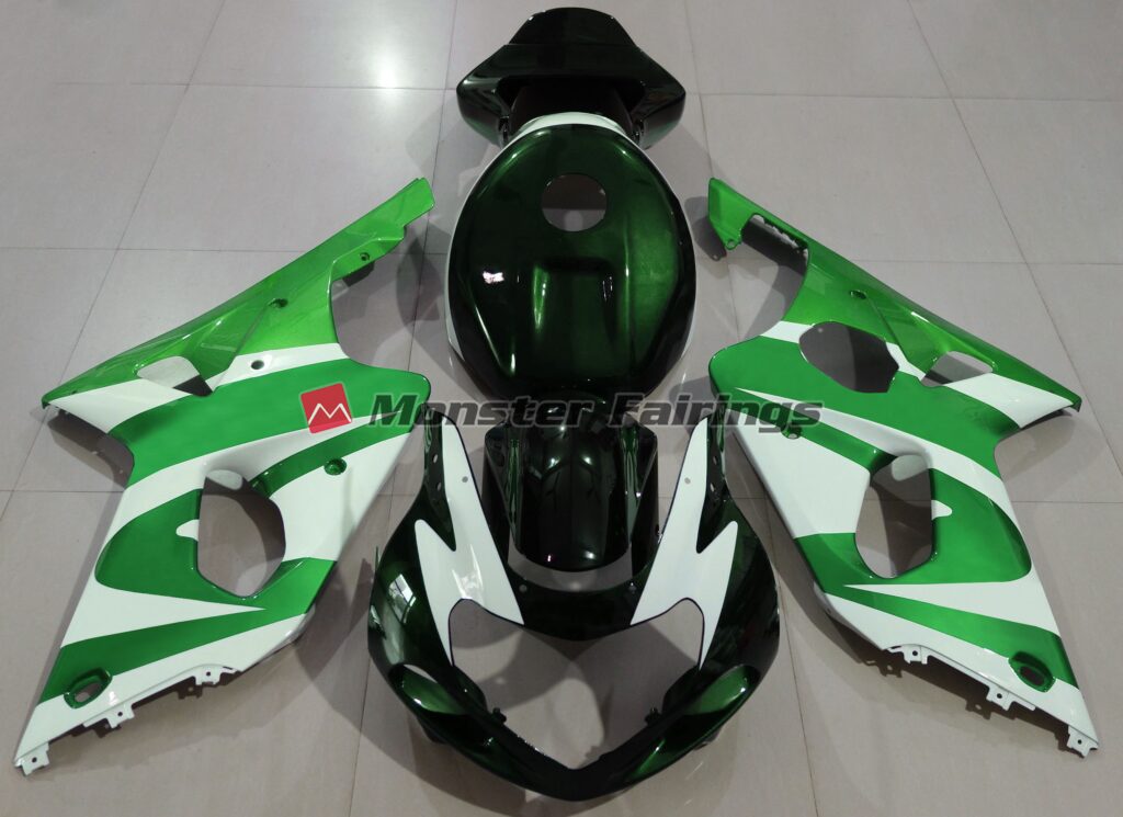 Suzuki GSXR 1000 2000 - 2002 Gloss Deep Green with White ABS fairings - custom motorcycle bodywork kit by Monster Fairings
