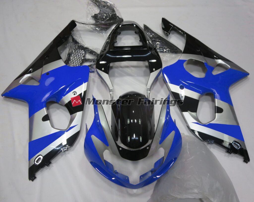 Suzuki GSXR 1000 2000 - 2002 Gloss Silver & Black with Blue ABS fairings - custom motorcycle bodywork kit by Monster Fairings