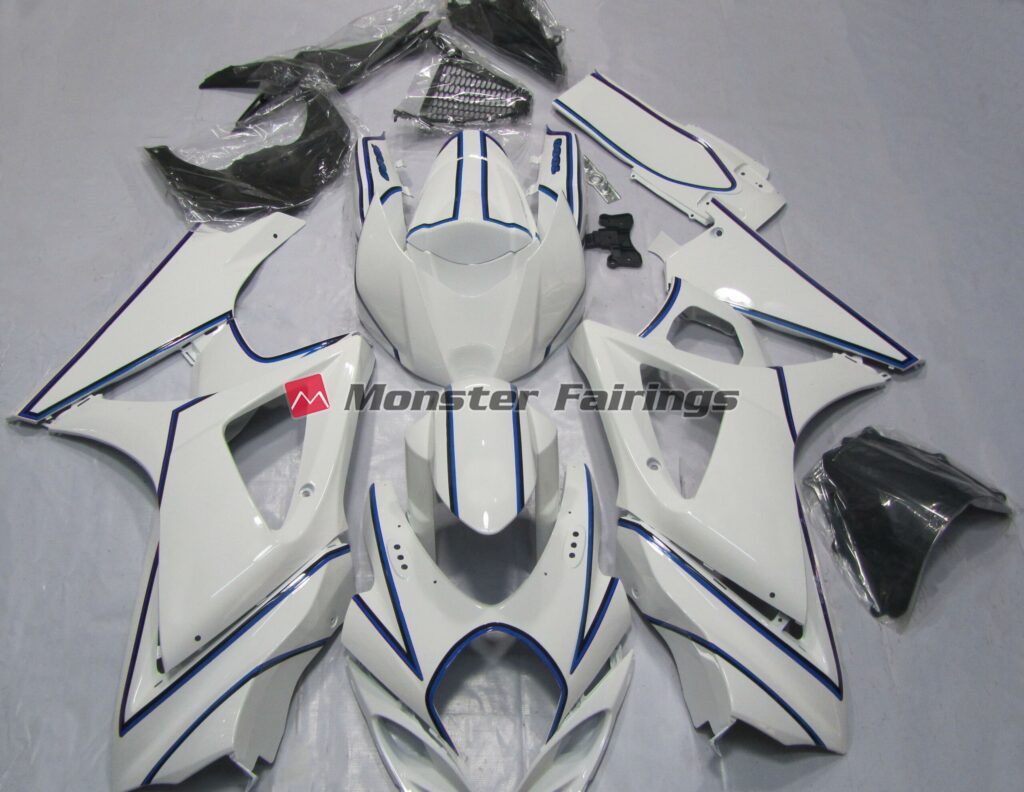 Suzuki GSXR 1000 2007 - 2008 Gloss White Blue ABS fairings - custom motorcycle bodywork kit by Monster Fairings