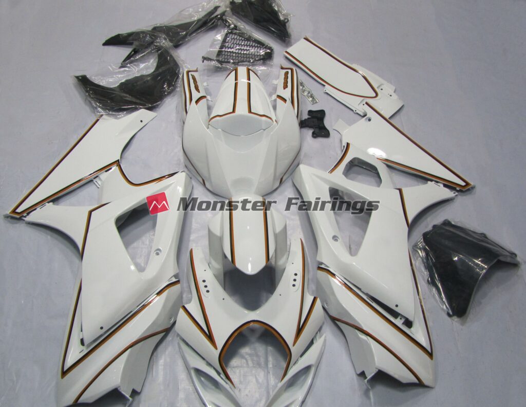 Suzuki GSXR 1000 2007 - 2008 Gloss White Orange ABS fairings - custom motorcycle bodywork kit by Monster Fairings