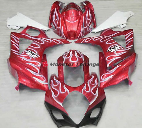 Suzuki GSXR 1000 2007 - 2008 Gloss Red & White Flame ABS fairings - custom motorcycle bodywork kit by Monster Fairings