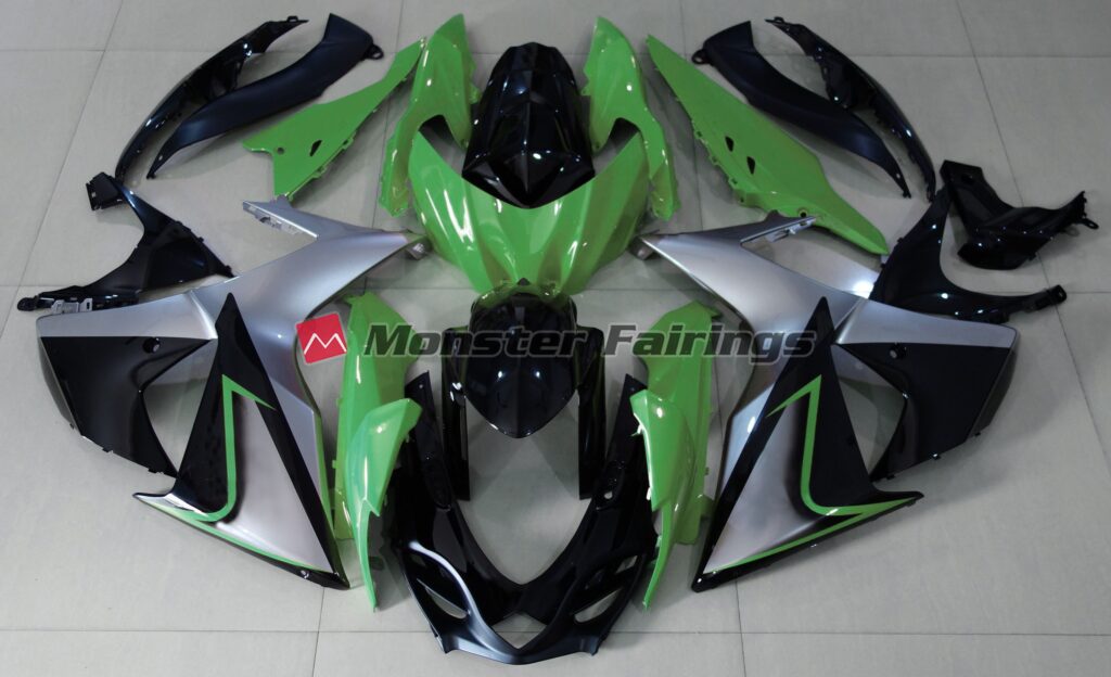 Suzuki GSXR 1000 2009 - 2016 Green Silver Black ABS fairings - custom motorcycle bodywork kit by Monster Fairings