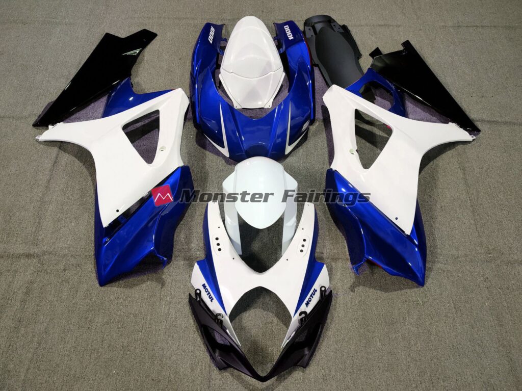 Suzuki GSXR 1000 2007 - 2008 Gloss White & Blue ABS fairings - custom motorcycle bodywork kit by Monster Fairings