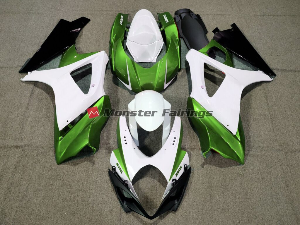 Suzuki GSXR 1000 2007 - 2008 Gloss White & Green ABS fairings - custom motorcycle bodywork kit by Monster Fairings