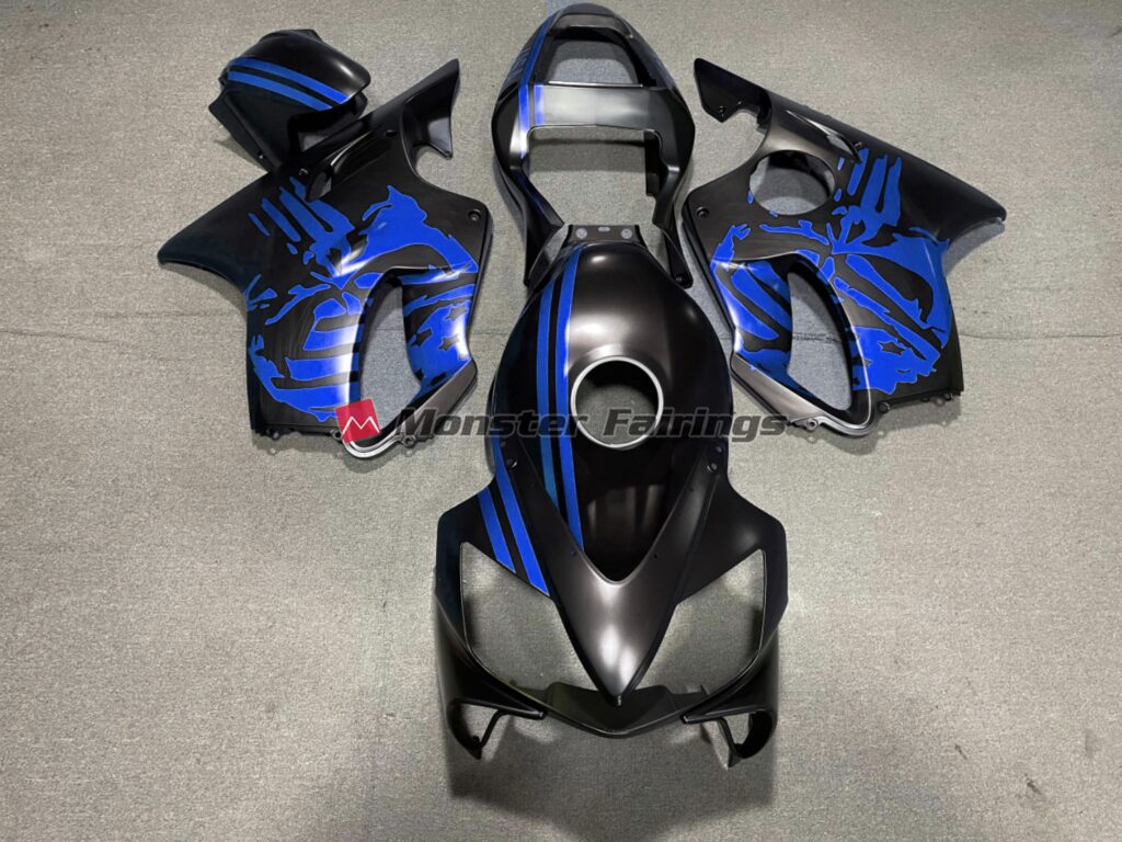 Honda CBR600 F4i 2001 - 2003 Matte Black Blue Skull ABS fairings - custom motorcycle bodywork kit by Monster Fairings