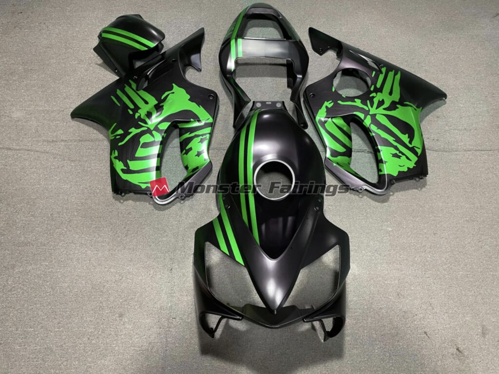 Honda CBR600 F4i 2001 - 2003 Matte Black Green Skull ABS fairings - custom motorcycle bodywork kit by Monster Fairings