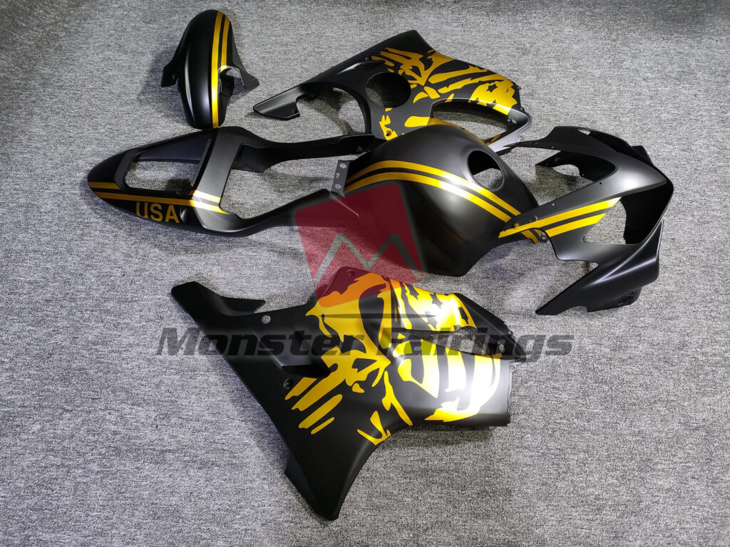 2001 - 2003 Honda CBR600 F4i Matte Black Gold Skull fairing set - ABS injection, custom painted by Monster Fairings