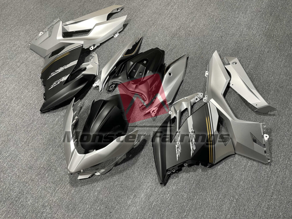 Kawasaki Ninja 400 custom ABS fairings 2018 - 2024 in Matte Silver Black - durable replacement kit, Monster Fairings