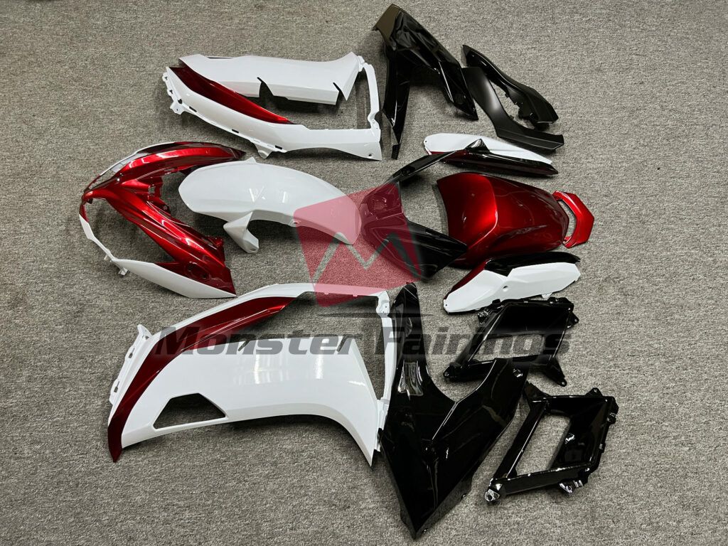 2012 - 2016 Kawasaki Ninja 650R Gloss White & Candy Red Black fairing set - ABS injection, custom painted by Monster Fairings