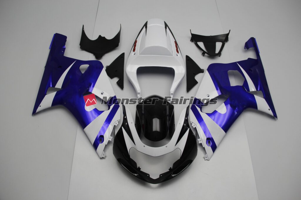 Suzuki GSXR 600 - 750 2001 - 2003 White and Blue ABS fairings - custom motorcycle bodywork kit by Monster Fairings