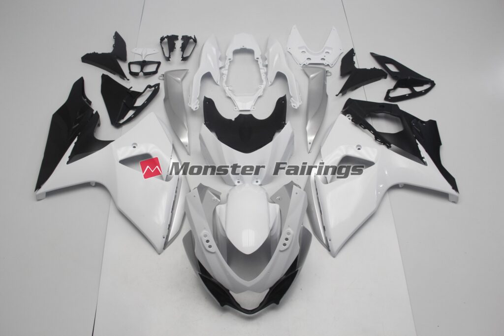 Suzuki GSXR 1000 2009 - 2016 Gloss White and Silver ABS fairings - custom motorcycle bodywork kit by Monster Fairings