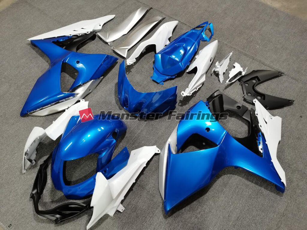 Suzuki GSXR 1000 custom ABS fairings 2009 - 2016 in Blue, White and Silver - durable replacement kit, Monster Fairings