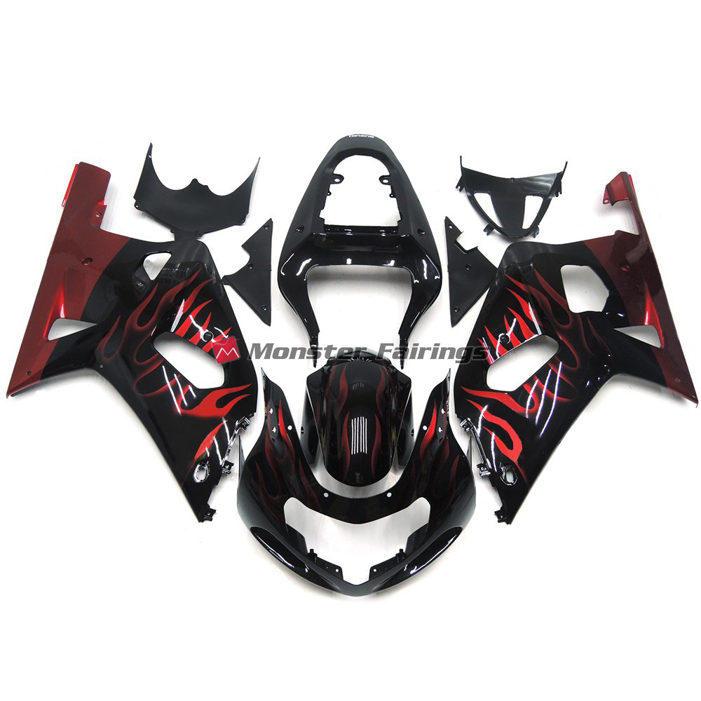 Suzuki GSXR 600 - 750 2001 - 2003 Vibrant Red Flame ABS fairings - custom motorcycle bodywork kit by Monster Fairings