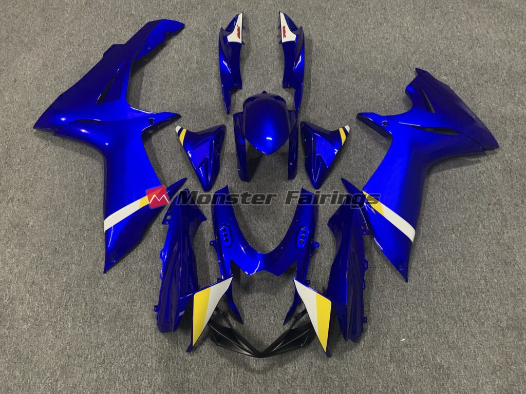 Suzuki GSXR 600 - 750 2011 - 2025 Gloss Deep Blue with White & Yellow ABS fairings - custom motorcycle bodywork kit by Monster Fairings