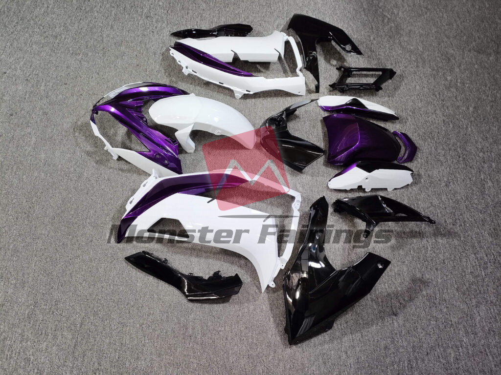 2012 - 2016 Kawasaki Ninja 650R Gloss White Purple & Black fairing set - ABS injection, custom painted by Monster Fairings
