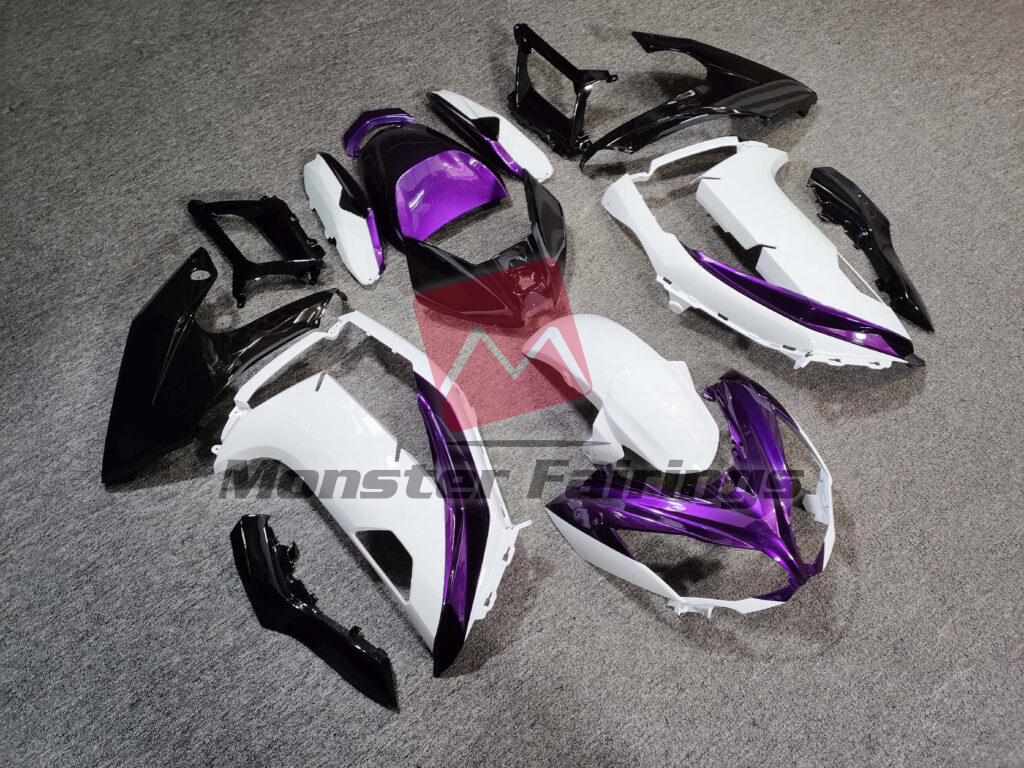 Kawasaki Ninja 650R custom ABS fairings 2012 - 2016 in Gloss White Purple & Black - durable replacement kit, Monster Fairings