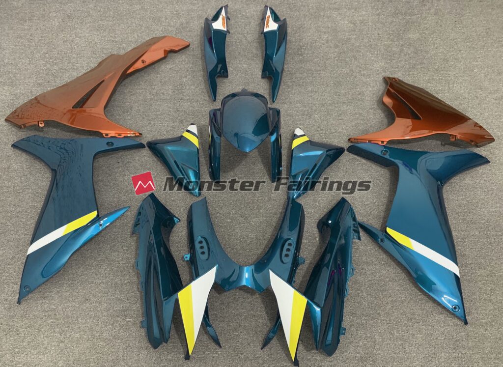 Suzuki GSXR 600 - 750 2011 - 2025 Gloss Light Blue and Orange ABS fairings - custom motorcycle bodywork kit by Monster Fairings