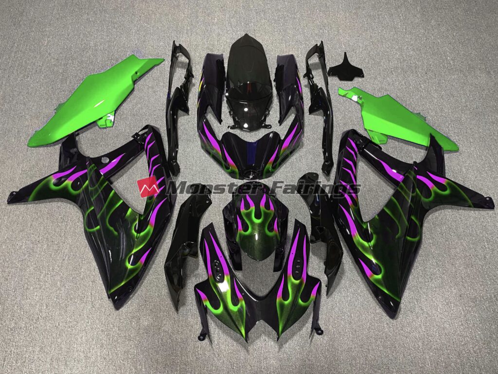 Suzuki GSXR 600 - 750 2008 - 2010 Green Magenta Flame ABS fairings - custom motorcycle bodywork kit by Monster Fairings