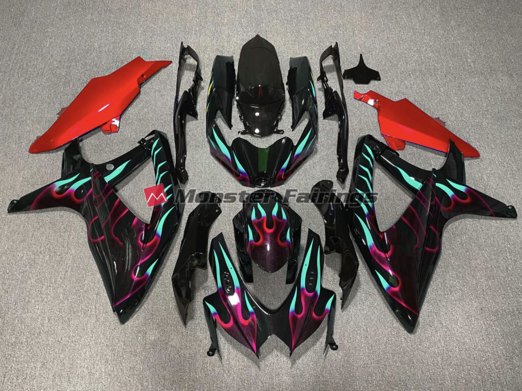 Suzuki GSXR 600 - 750 2008 - 2010 Red Cyan Flame ABS fairings - custom motorcycle bodywork kit by Monster Fairings