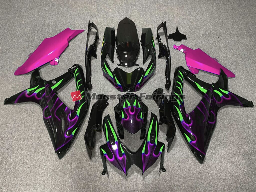 Suzuki GSXR 600 - 750 2008 - 2010 Purple Green Flame ABS fairings - custom motorcycle bodywork kit by Monster Fairings