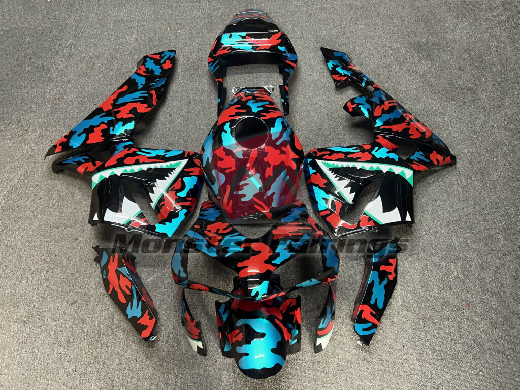 Honda CBR600RR 2003 - 2004 Gloss Red & Aqua Camo Monster ABS fairings - custom motorcycle bodywork kit by Monster Fairings