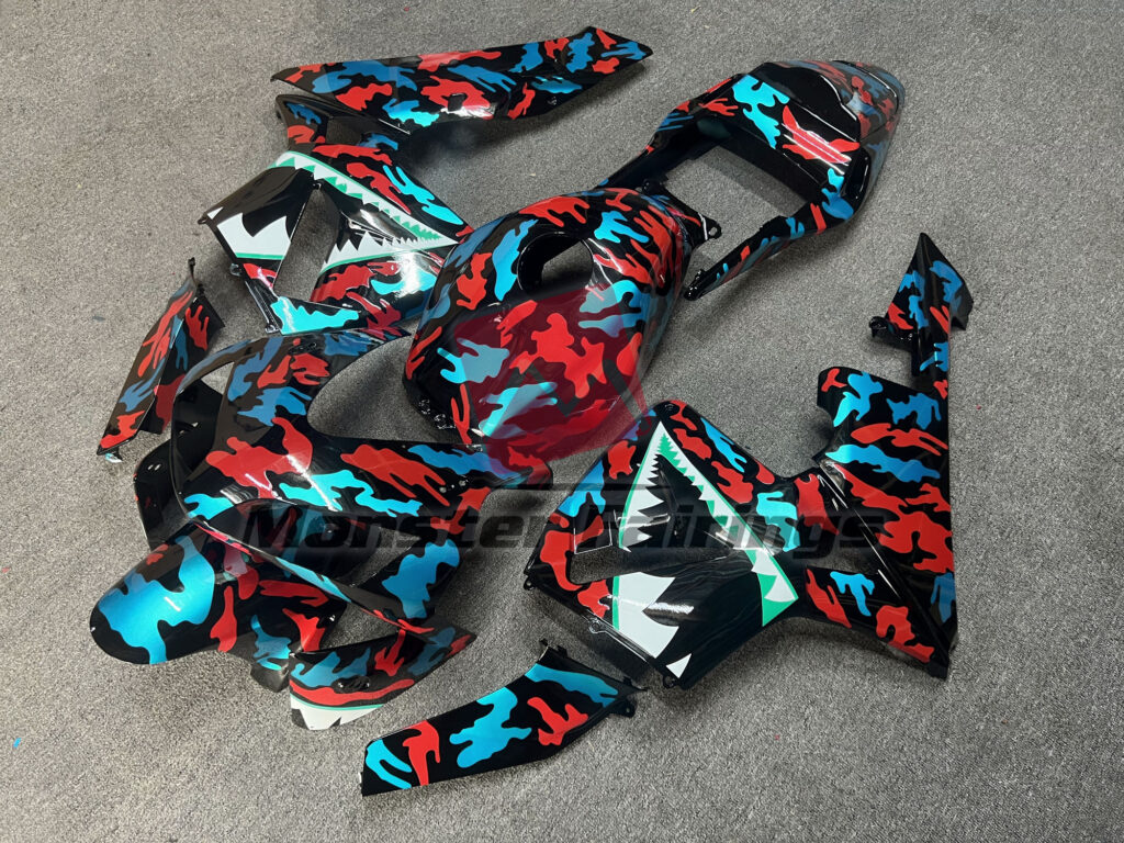 Honda CBR600RR custom ABS fairings 2003 - 2004 in Gloss Red & Aqua Camo Monster - durable replacement kit, Monster Fairings