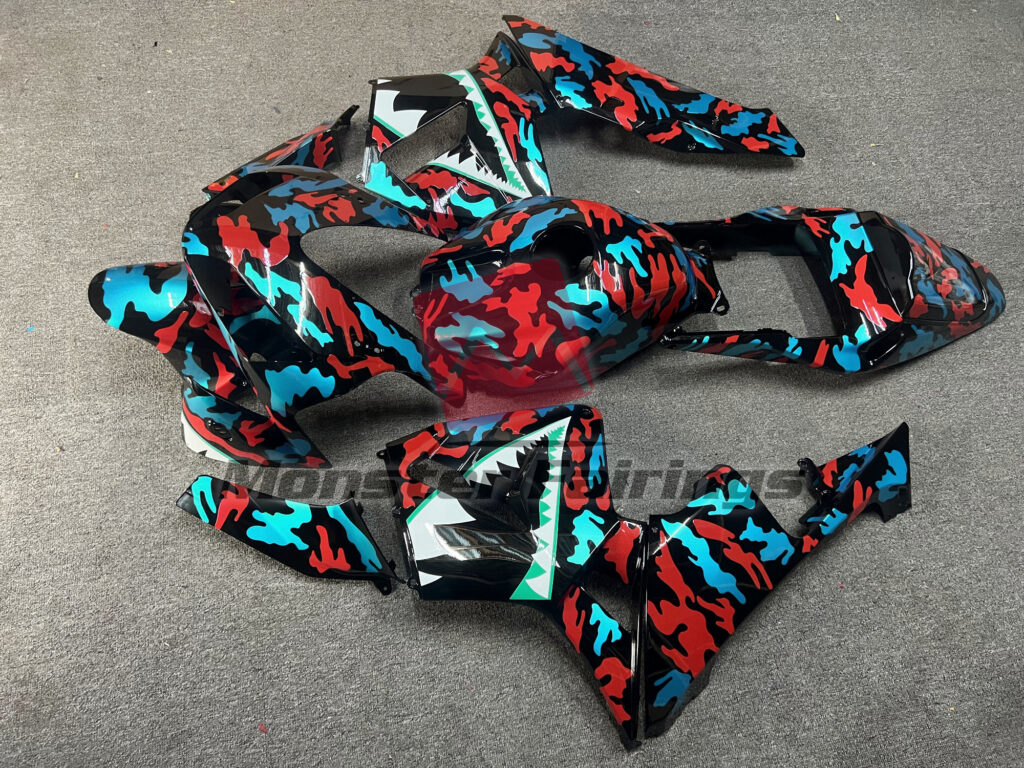 2003 - 2004 Honda CBR600RR Gloss Red & Aqua Camo Monster fairing set - ABS injection, custom painted by Monster Fairings
