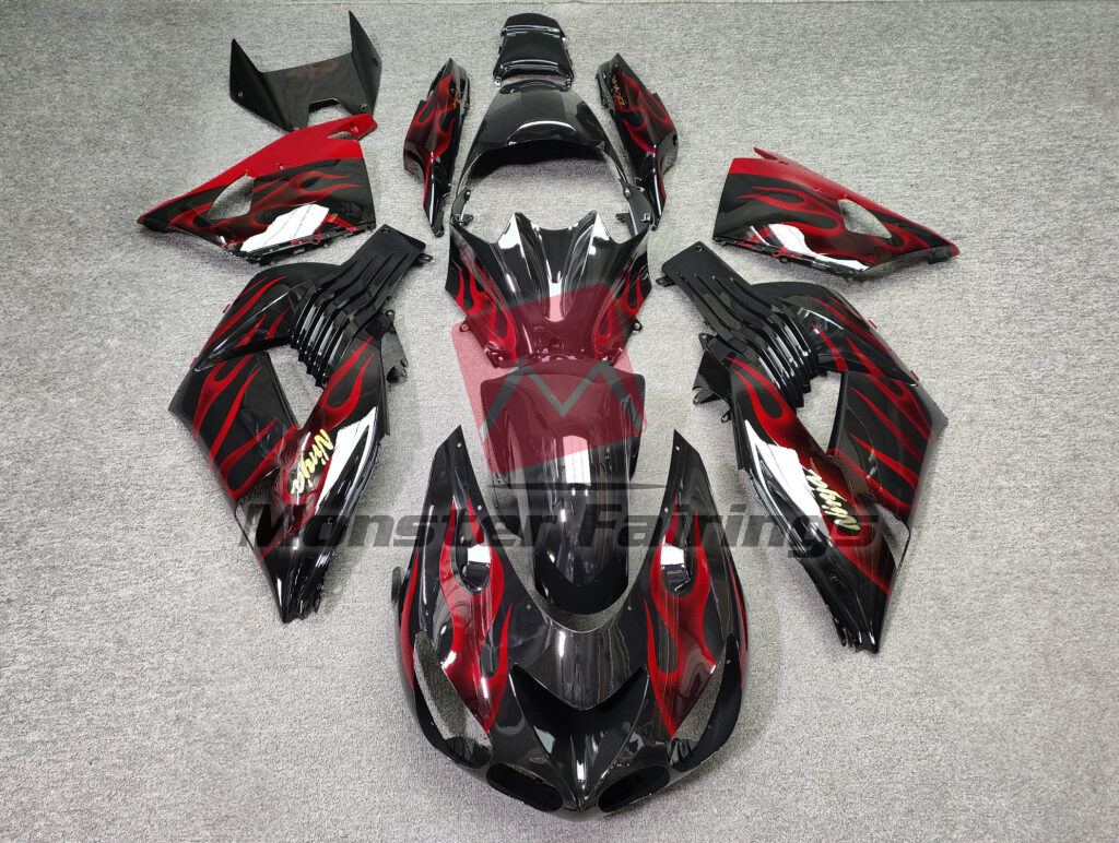 Kawasaki ZX14R 2006 - 2011 Gloss Black Red Flames ABS fairings - custom motorcycle bodywork kit by Monster Fairings