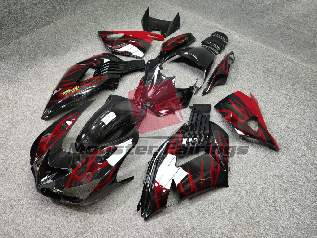 Gloss Black Red Flames ABS fairings for Kawasaki ZX14R 2006 - 2011 - premium OEM fit kit by Monster Fairings