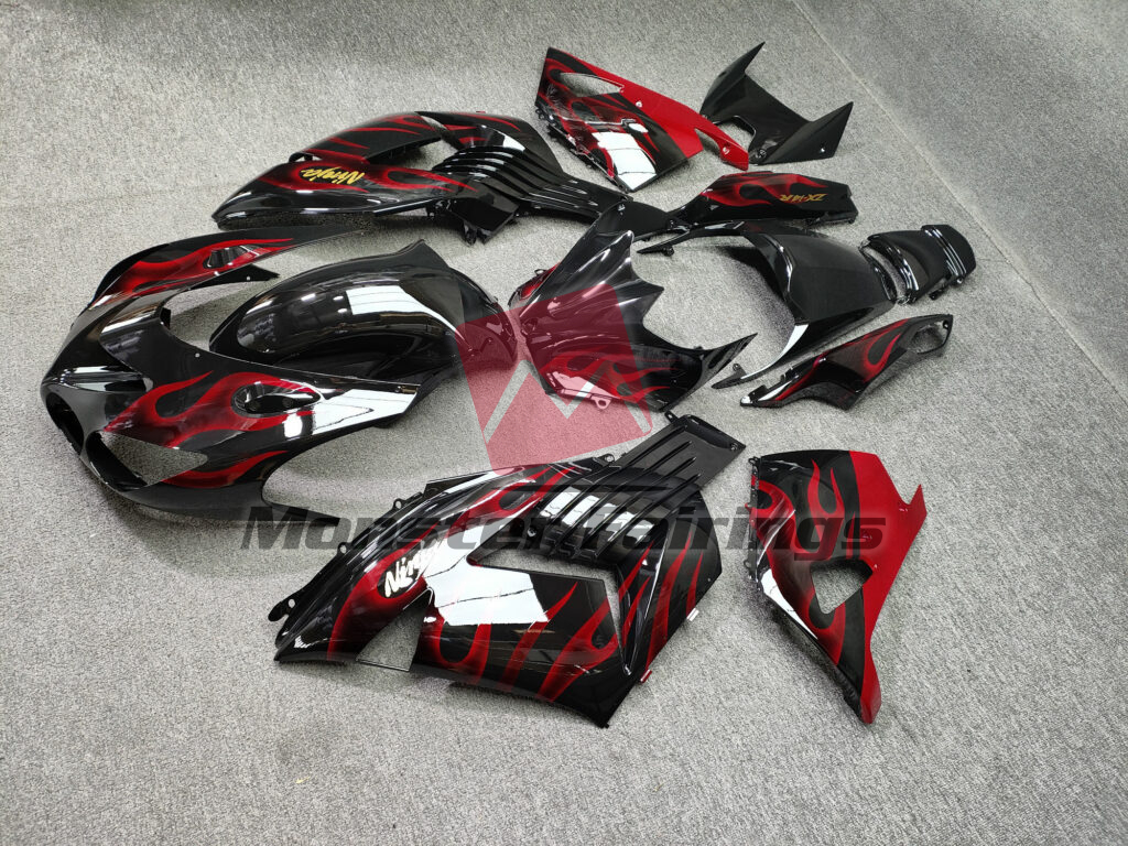 Kawasaki ZX14R custom ABS fairings 2006 - 2011 in Gloss Black Red Flames - durable replacement kit, Monster Fairings