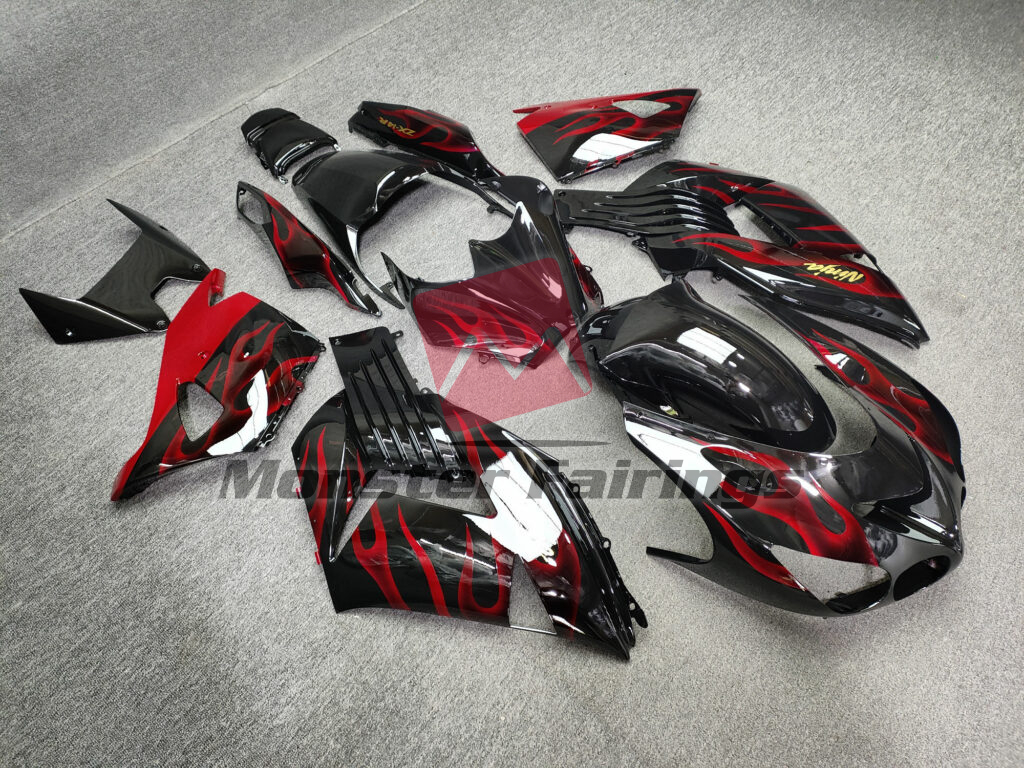 2006 - 2011 Kawasaki ZX14R Gloss Black Red Flames fairing set - ABS injection, custom painted by Monster Fairings