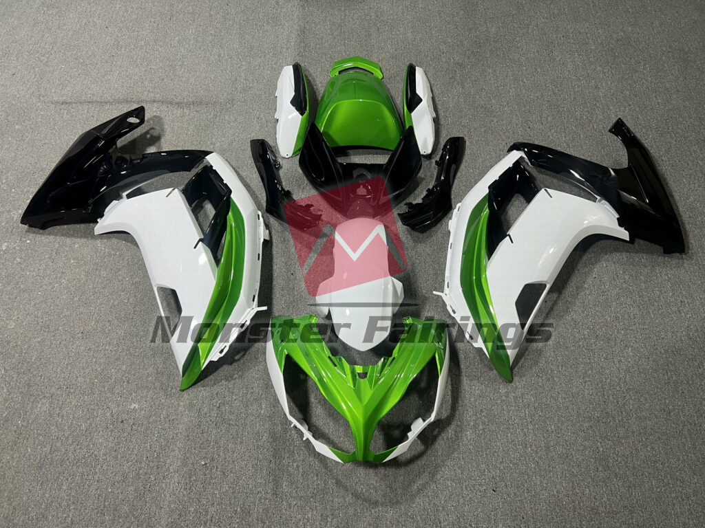 Kawasaki Ninja 650R 2012 - 2016 Gloss White Green ABS fairings - custom motorcycle bodywork kit by Monster Fairings